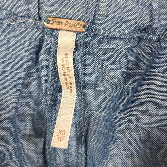 Free People Blue Linen Bow Sleeve Off the Shoulder Chambray Blouse Casual Top - Picture 7 of 8